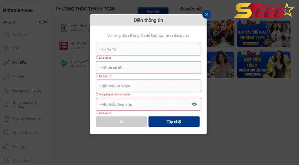 Hướng Dẫn Chi Tiết Nạp Tiền ST666 Dành Cho Người Mới 2 Điền thông tin để nạp tiền ST666